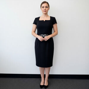 Style Co. Women Cocktail Dress Stretch Black Short Sleeve Jeweled Waist Size 14